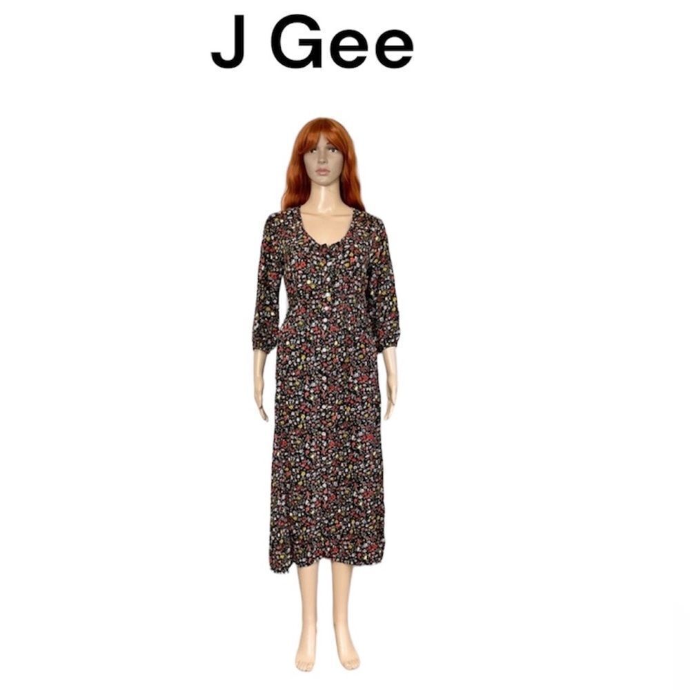 J Gee Black Red Ditsy Floral Button-Up 3/4 Sleeve Midi Boho Dress Medium Petite